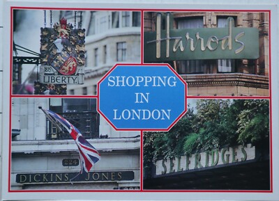 VINTAGE POSTKARTE EINKAUFEN IN LONDON HARRODS SELFRIDGES DICKINS JONES