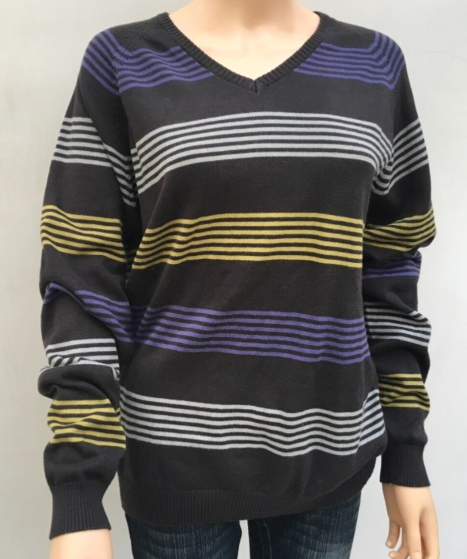 Springfield Men Cotton Jumper Size L Charcoal & Multi Stripes Design V Neck
