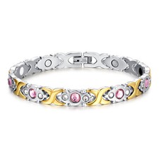 Women Shiny Stainless Steel Pink Rhinestone Magnetic Bracelet Cuff Bangle Link