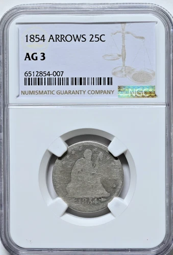 1854 25C Arrows Liberty Seated Quarter Coin NGC AG 3 Details  #007