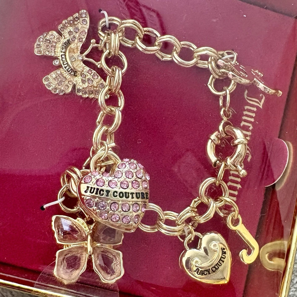 JUICY COUTURE 6 Charm Bracelet Gold Butterflies Rhinestone Engraved Heart JC Y2K - Image 4 of 4