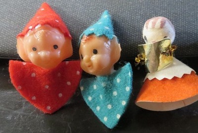 Christmas Rubber Face Pixie Head Elves Ornaments Japan 1950s + Mini Caroler 