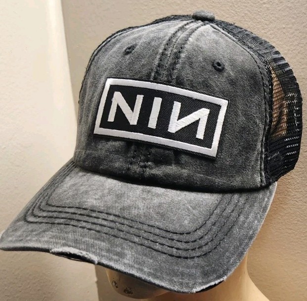 NIN Trucker Hat Distressed Black Baseball Cap with Mesh Nine Inch Nails Logo
