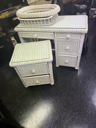 Vintage White Wicker Vanity Glass top Desk Mirror With Nightstand
