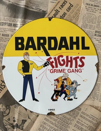 VINTAGE 1962 BARDAHL FIGHTS CRIME GANG 12 INCH PORCELAIN ENAMEL SIGN