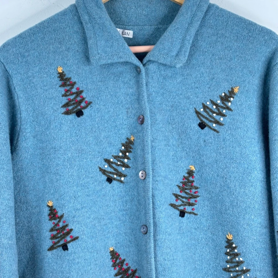 Cárdigan de Navidad de lana bordado L árboles cabaña neutro abuela esquí vacaciones Foto 2 de 4