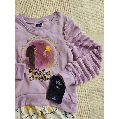 Disney Wish Pajama Set Faux Fur Sleeves Purple Yellow Girls 4T