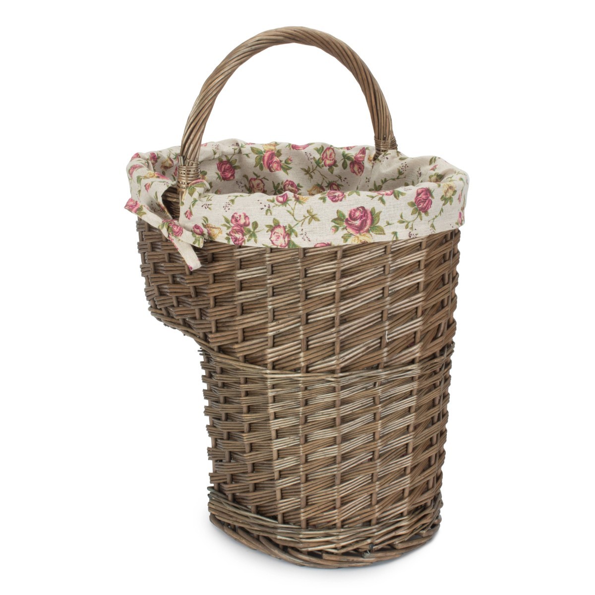 Stair Basket: Antique Wash Stair Basket With Garden Rose Lining, Willow