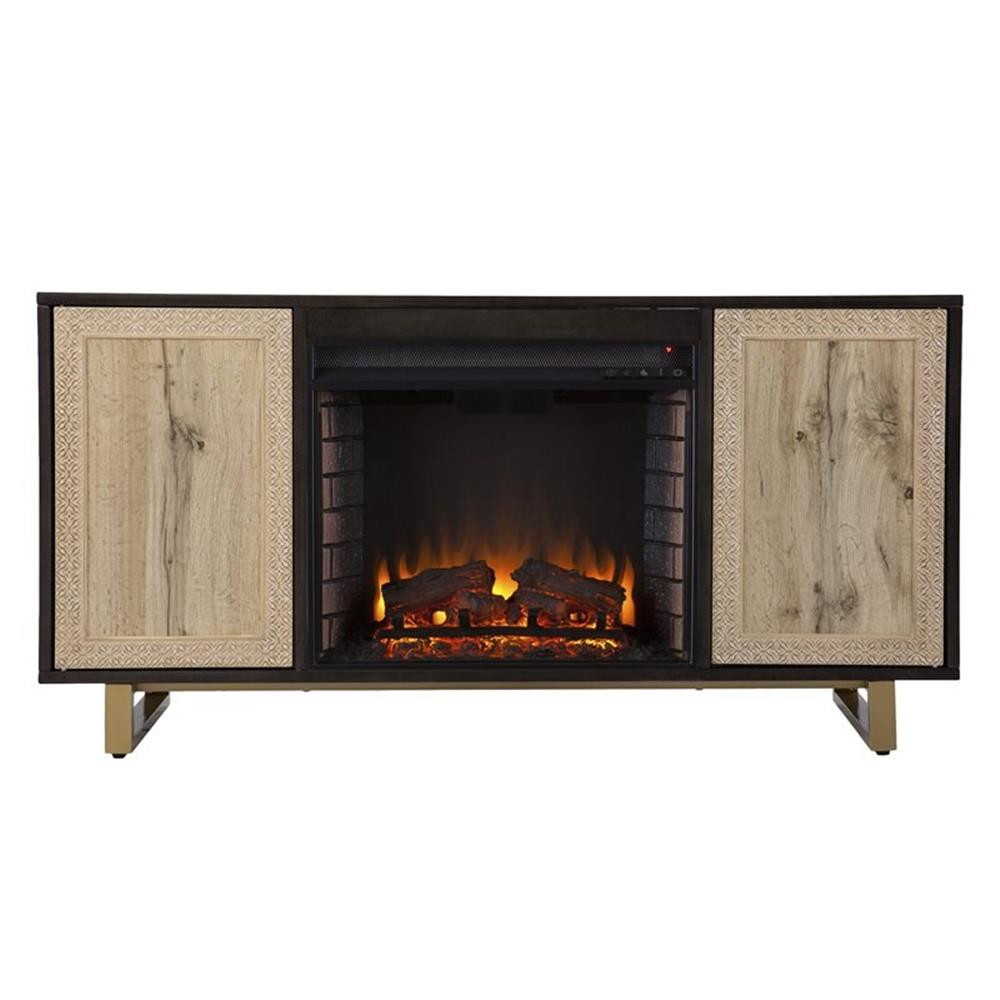 SEI Furniture Wilconia Wood TV Stand with Electric Media Fireplace in Brown/Gold