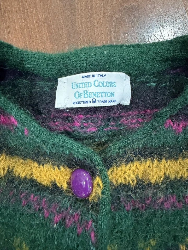 复古 United Colors Of Benetton 意大利马海毛 80 年代开衫紫色绿色爷爷 — 第 3/4 张图片