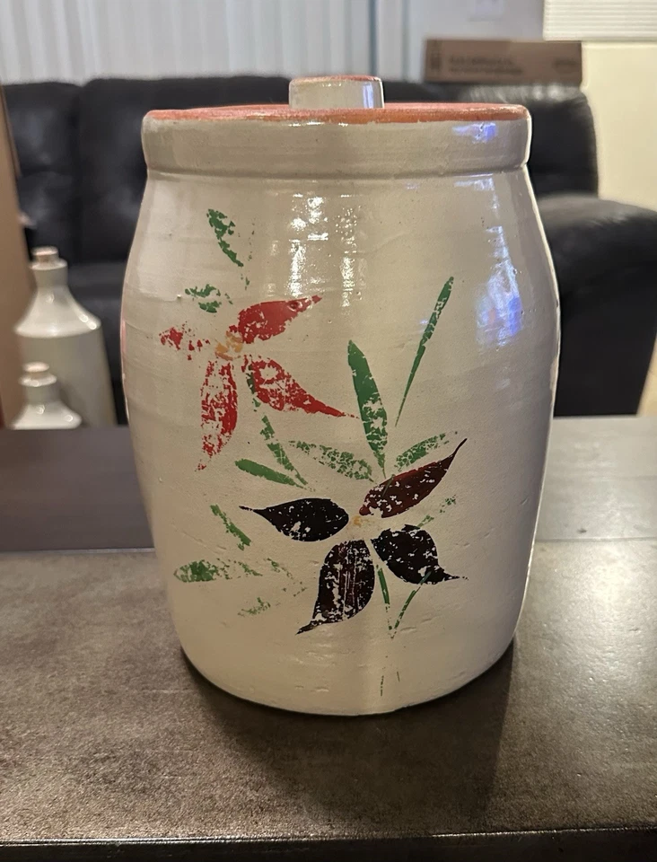 Vasija de galletas vintage de gres pintada a mano, con borde rojo antigua Foto 3 de 4