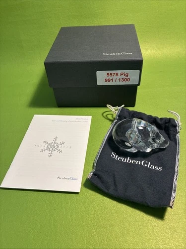 Steuben Glass Pig Paperweight Signed Numbered 991/1300 w/ Box X