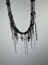 Gunda Junk Heaven Japan Black Bead Silver Cross Multi Strand Choker Necklace 15?
