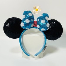 Disney- Parks Timeless Flower Blue White Polka Dot Sequin Minnie Ears Headband