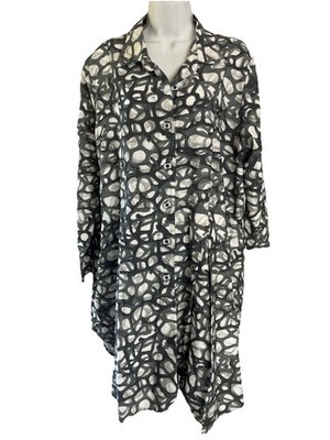 Niche Nilgun Derman Top L  Large Gray & White Abstract Tunic Blouse Lagenlook
