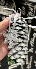 Vtg LARGE Silver Glitter REAL PINE CONE XMAS ORNAMENT w Snowflake RIBBON Leaf