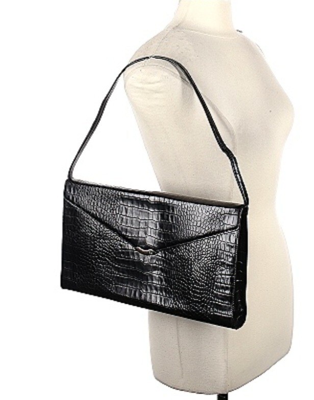 Lauren Ralph Lauren Black Croc-Embossed Leather Shoulder Bag