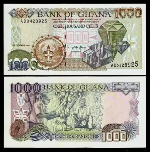 Ghana 1000 CEDIS P-32 1996 Ghanian Diamond Cocoa Jewel UNC World Currency NOTE