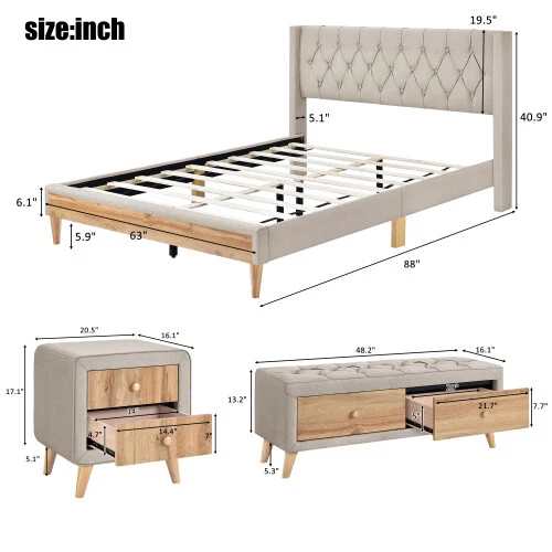 Full Queen Size Bedroom Sets Upholstered Platform Bed Frames Nightstands Bench - Image 3 of 4