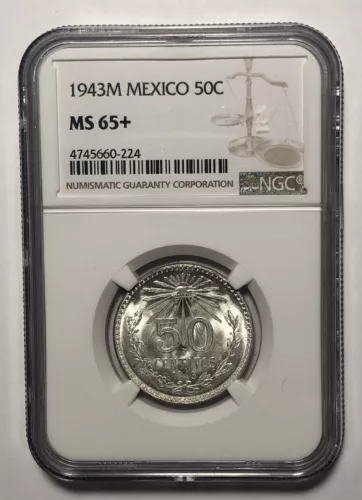 1943M Mexico Silver 50c NGC MS 65+ Super PQ low pop, scarce this nice!