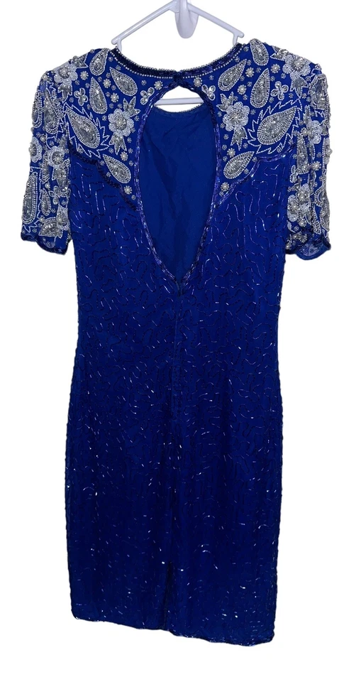 Vestido Vintage Laurence Kazar 100% Seda Cuentas Talla S Azul Plateado Fiesta Cóctel Foto 4 de 4