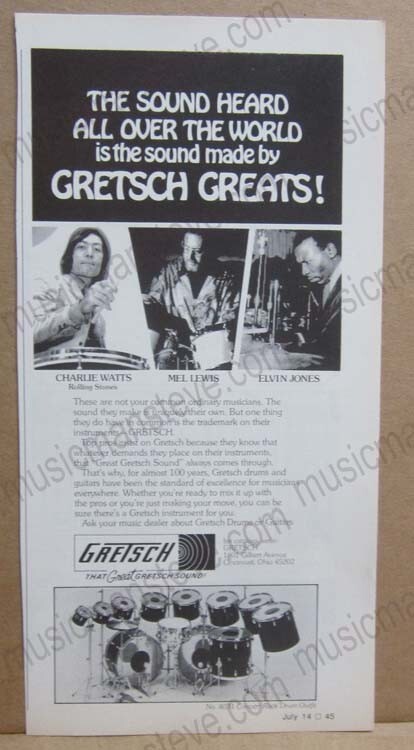 1970s GRETSCH DRUMS PRINT AD - Charlie Watts (Stones), Mel Lewis, Elvin Jones