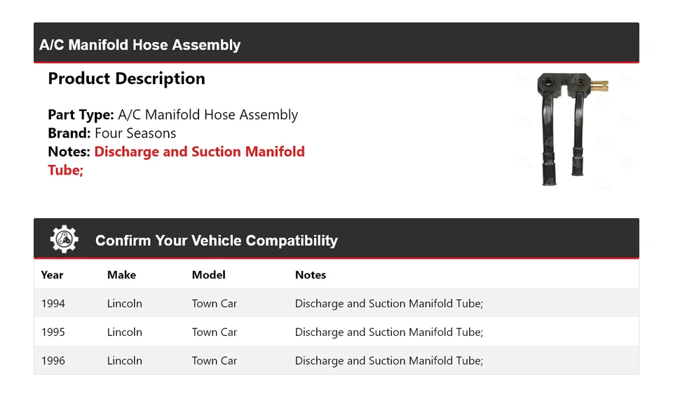 Conjunto de manguera colector de aire acondicionado Lincoln Town Car 1994-1996 4 estaciones 1995 Foto 2 de 4
