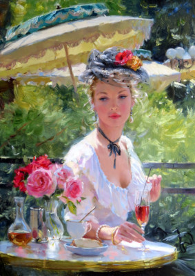 Elegant lady drinking champagne Oil painting HD printed on canvas L1618