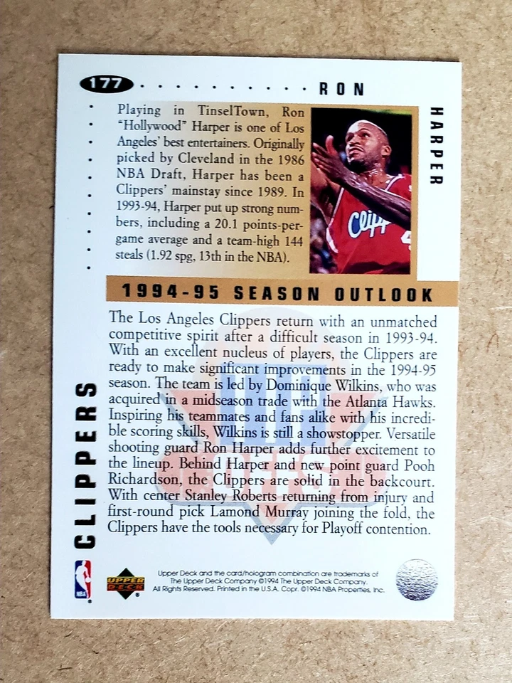 1994-95 Collector's Choice Clippers Basketball Card #177 Ron Harper TO - Image 4 of 4