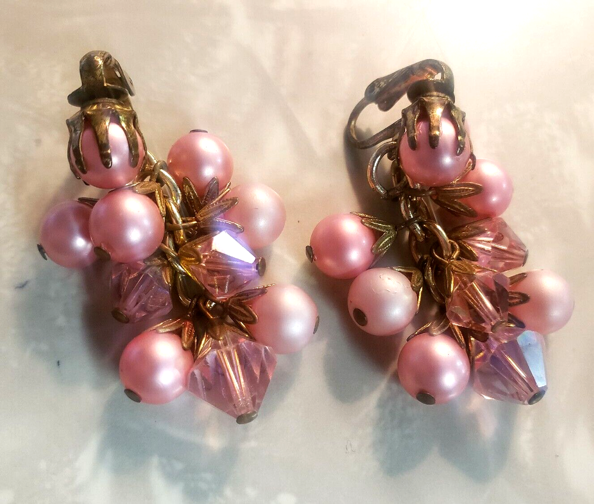 Pink Beaded Chandelier Earrings Clip On Dangle Iridescent Tiered