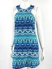 Pearle 88 Sleeveless Shift Dress Size Medium Blue Green Watercolor Zig Zag Print