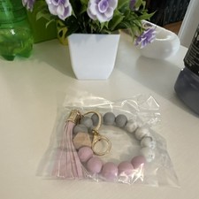 Beaded Bracelet Key Chain with Tassel, purple White Gold, Silicone Faux Leat  