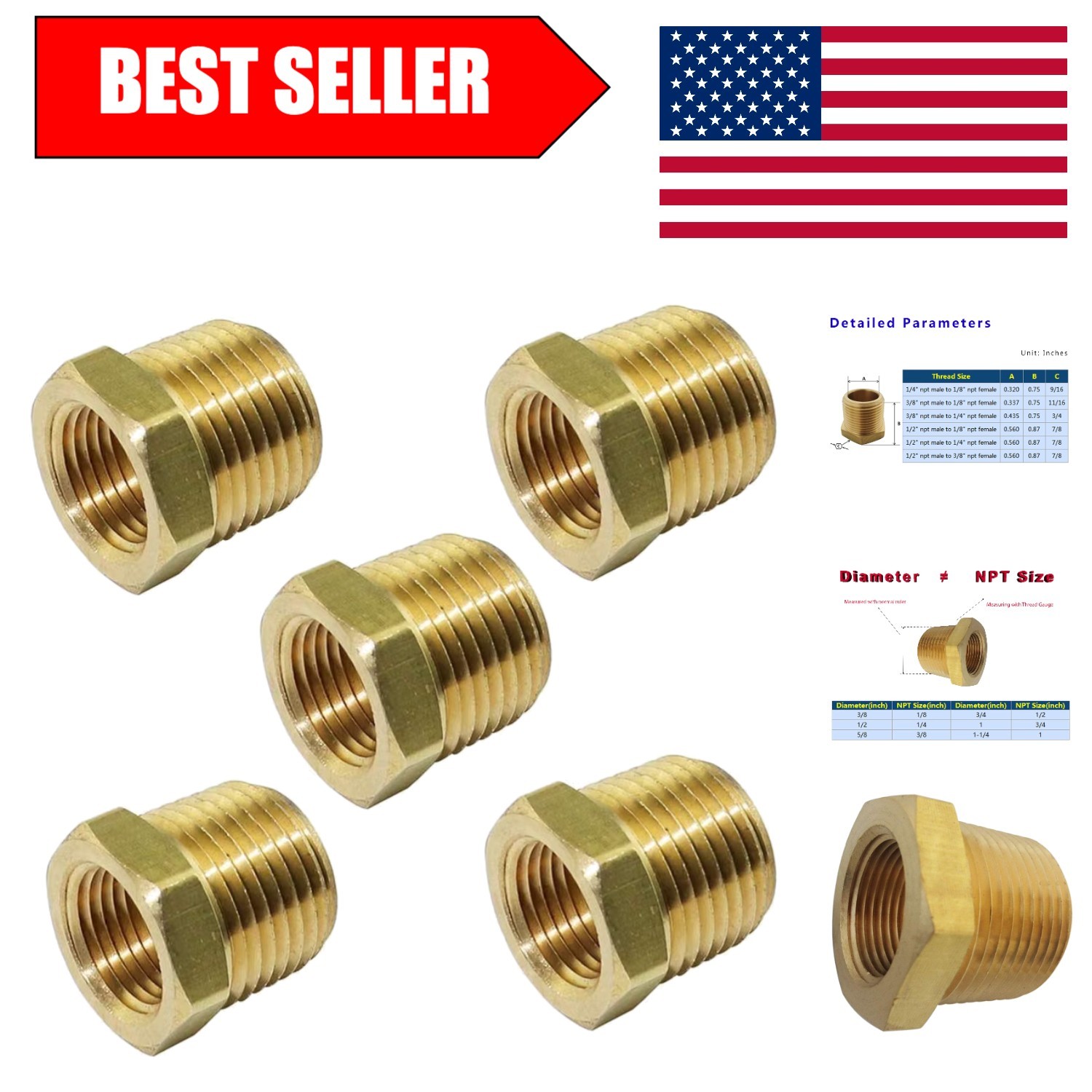 Brass Bushing Reducer Adapters: 1/2" NPT Male x 3/8" NPT Female - 1200 PSI