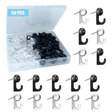 50 PCS Push Pin Hooks, Plastic Heads Cork Board Hooks Small, Black and Clear