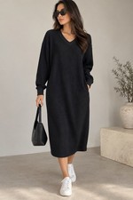 UNIQLO Women’s Black Waffle Knit V-Neck Midi Dress Long Sleeve Size L
