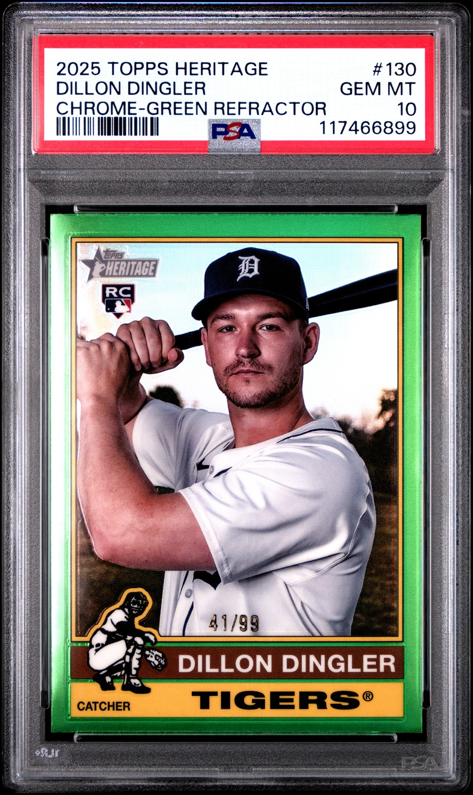2025 TOPPS HERITAGE CHROME-GREEN REFRACTOR #130 DILLON DINGLER 41/99 PSA 10