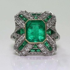 6.Ct Art Deco Style Green Lab Created Emerald 14K White Gold FN Anniversary Ring