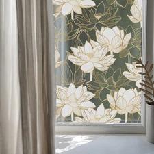 Golden Flower Privacy Window Film, Removable Static Cling Double-Sided Froste...