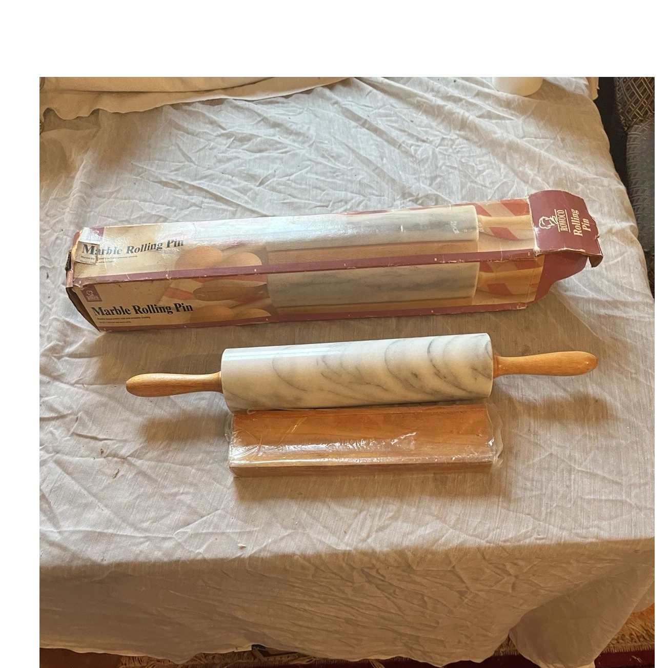 Rowoco Marble Rolling Pin w/ Wood Handles & Caddy, Marbled White/Brown 10in