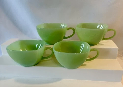 4 Fire King Jadeite Charm Pattern Square Cups 2-1/8” Tall 3-5/8” Wide