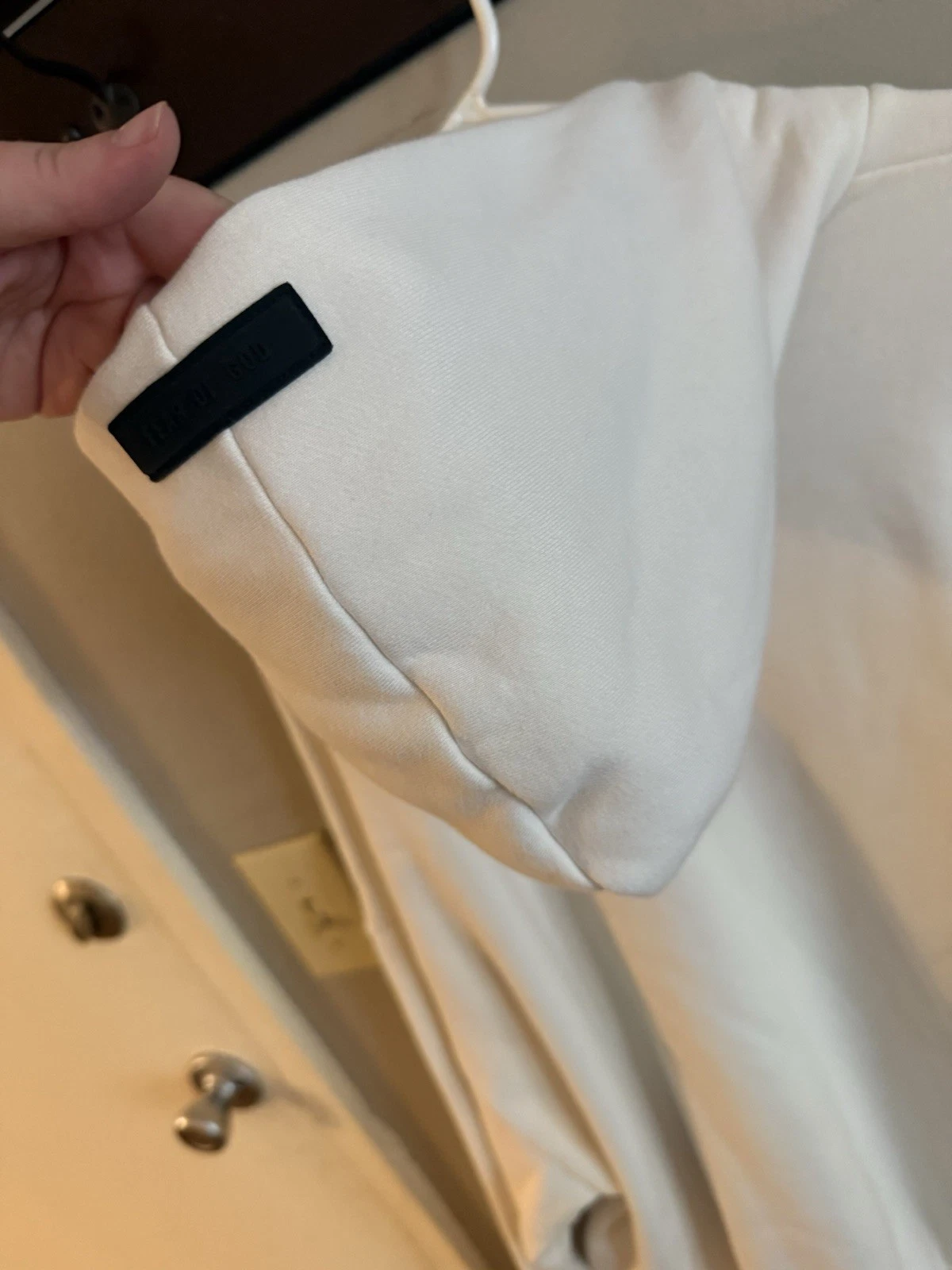 Felpa bianca con cappuccio Essential Fear of God donna XL Cloud Dancer con tasche nuova senza etichette