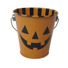 Metal Halloween Bucket Jack O' Lantern Pail Small 4.5" Orange Black Trick Treat