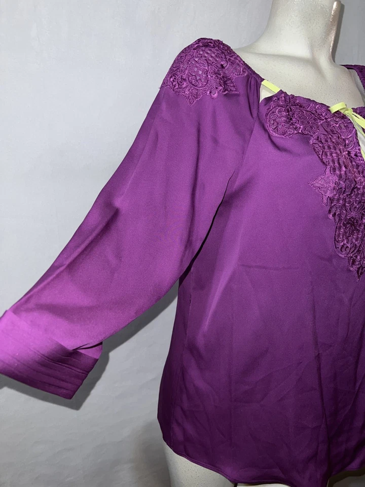 Blusa Pullover Elie Tahari Top Talla M Púrpura Lima Seda Bordada Manga 3/4 Foto 4 de 4