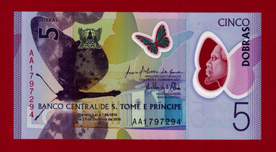 São Tomé and Príncipe 5 DOBRAS 2016 UNC Polymer - First  'AA' Prefix (Pick-70a)