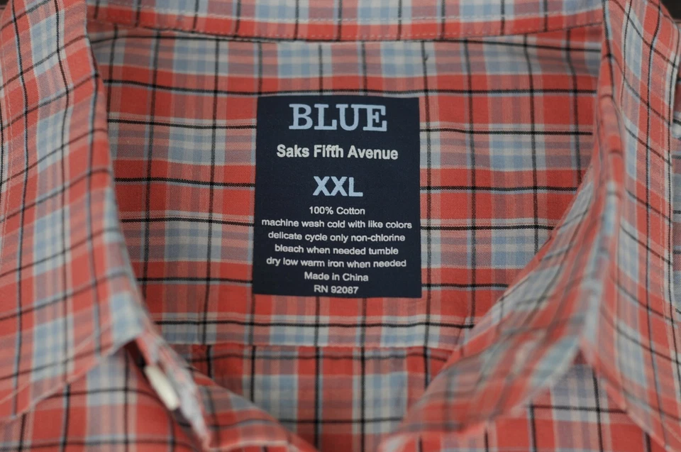 Camisa informal Saks Fifth Avenue para hombre azul salmón y blanco a cuadros XXL 2XL Foto 2 de 3