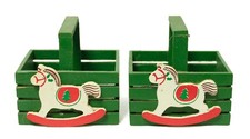 Vintage Red White Green Painted Wood Rocking Horse Basket Set Christmas Ornament