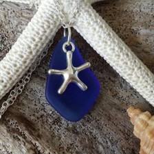 Handmade in Hawaii, Cobalt blue sea glass necklace, Starfish charm,
