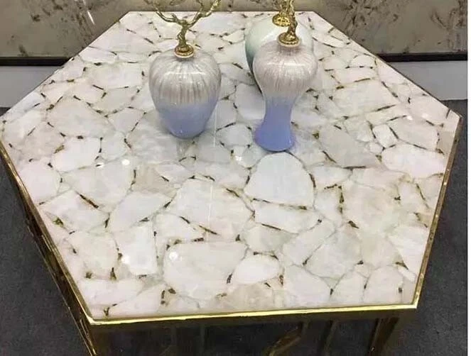Elegant White Agate Stone Hexagon Coffee Table Top Unique Desk Top for your Home - Image 2 of 4