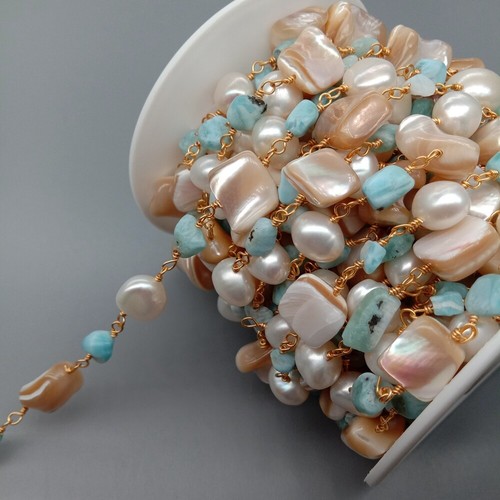 1 meter White Baroque Pearl Blue Larimar Shell Rosary link Chain Jewelrymaking - Picture 2 of 6