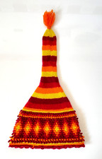 Peruvian Hand-Knit Beanie Hat Vintage 1970s Orange Red Yellow